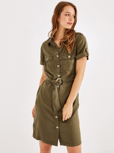 

promod Women Olive Green Solid Shirt Dress