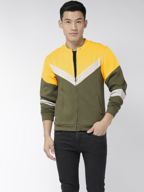 

Flying Machine Men Olive Green & Yellow Colourblocked Sweatshirt