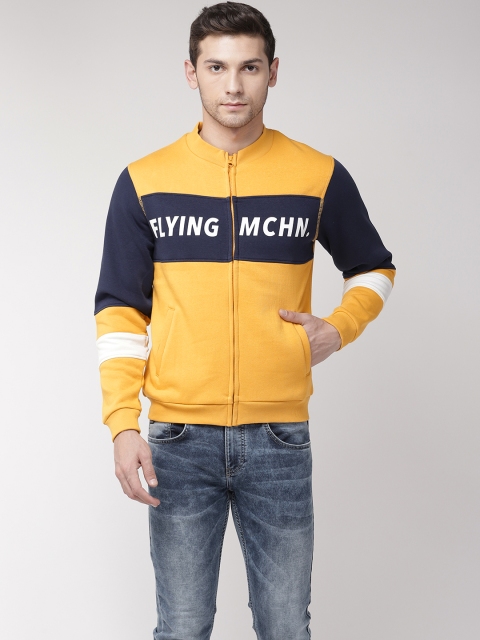 

Flying Machine Men Mustard Yellow & Navy Blue Colourblocked Sweatshirt