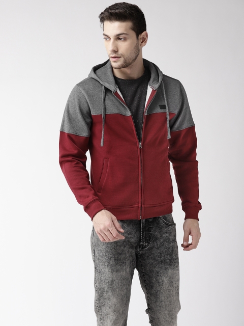 

Flying Machine Men Maroon & Charcoal Grey Colourblocked Hooded Sweatshirt