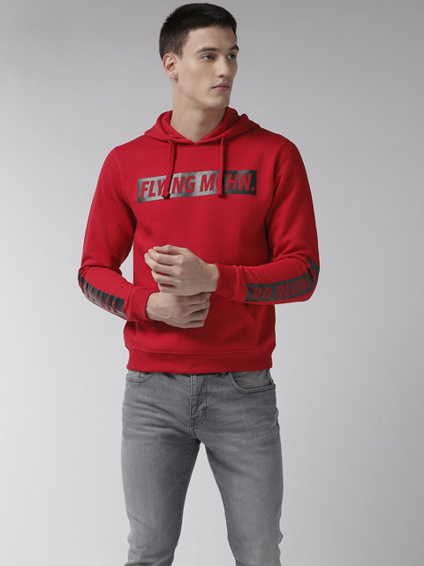 

Flying Machine Men Red Printed Hooded Sweatshirt