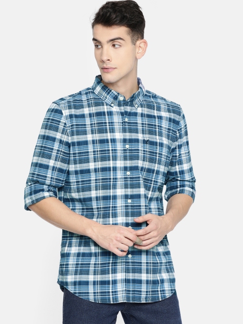 

AMERICAN EAGLE OUTFITTERS Men White & Blue Slim Fit Checked Casual Shirt