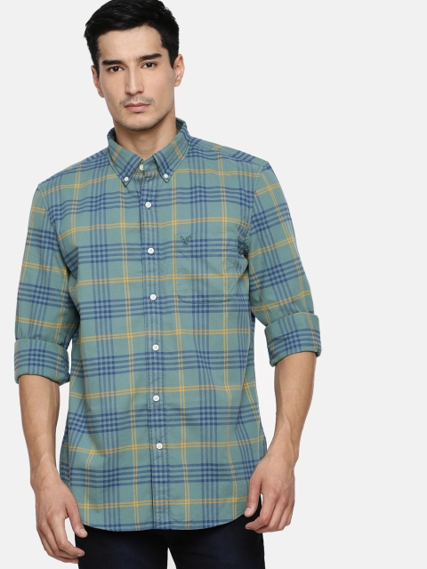 

AMERICAN EAGLE OUTFITTERS Men Green & Blue Slim Fit Checked Casual Shirt