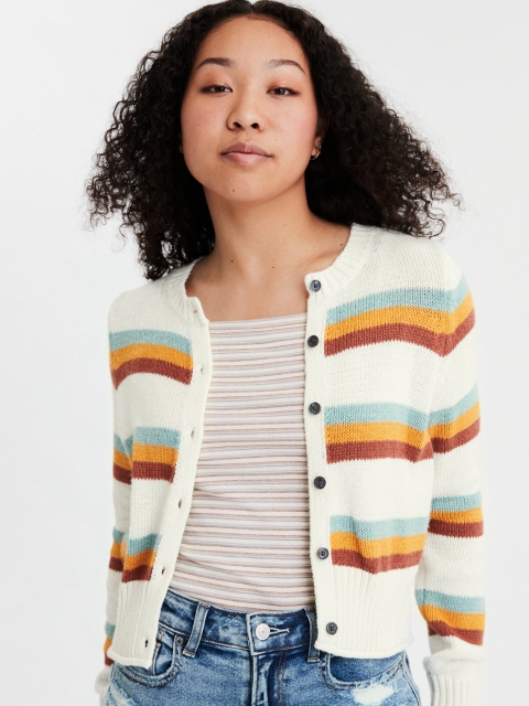 

AMERICAN EAGLE OUTFITTERS Women Off-White & Mustard Yellow Striped Cardigan Sweater