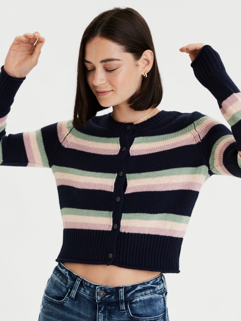 

AMERICAN EAGLE OUTFITTERS Women Navy Blue & Peach-Coloured Striped Cardigan