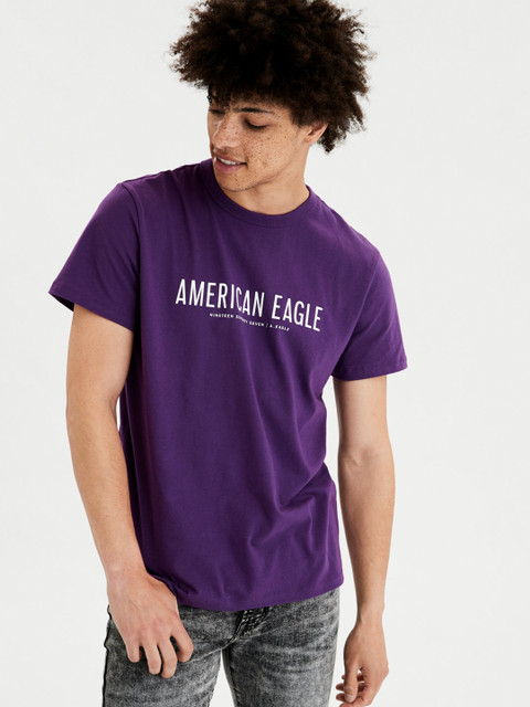 

AMERICAN EAGLE OUTFITTERS Men Purple Printed Round Neck Pure Cotton T-shirt