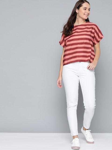 

Mast & Harbour Women Peach-Coloured & Maroon Candy Striped Boxy Top