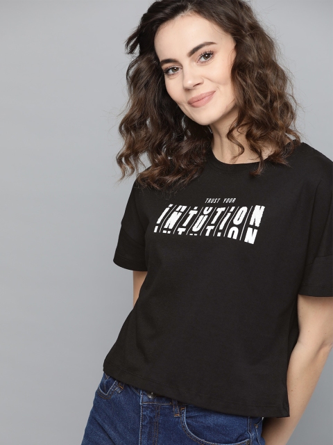 

Mast & Harbour Women Black & White Solid Round Neck Crop T-shirt