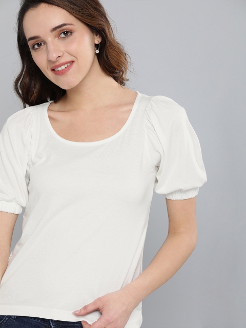 

Mast & Harbour Women White Solid Top With Puffed Sleeves