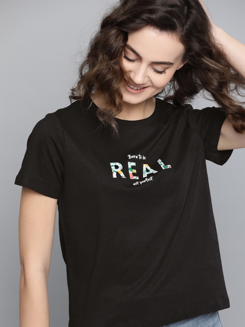 

Mast & Harbour Women Black Solid Round Neck T-shirt