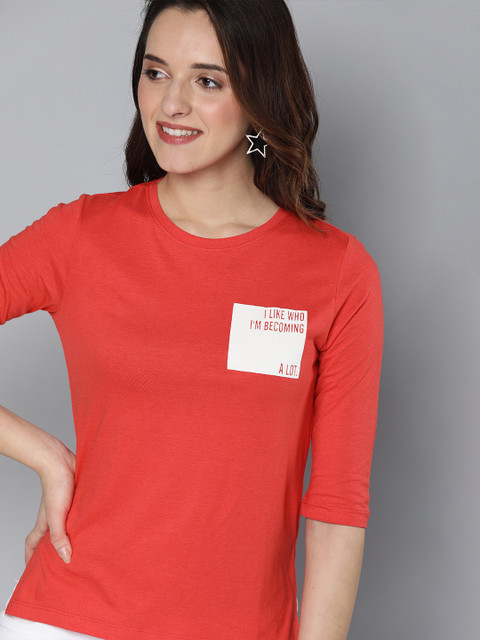 

Mast & Harbour Women Coral Red Solid Round Neck T-shirt