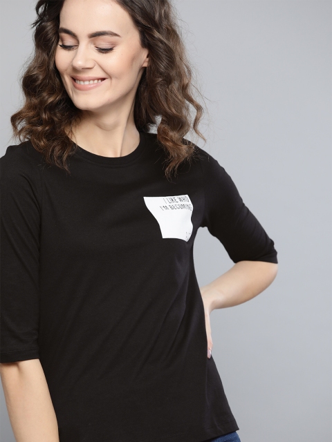 

Mast & Harbour Women Black Solid Round Neck High-Low T-shirt