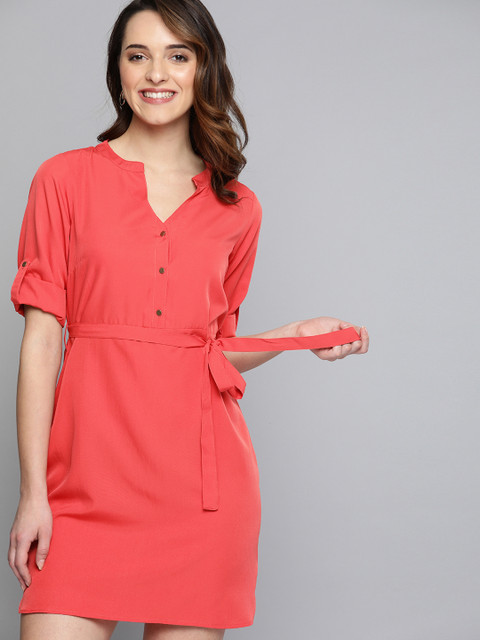 

Mast & Harbour Women Coral Pink Solid Shirt Dress