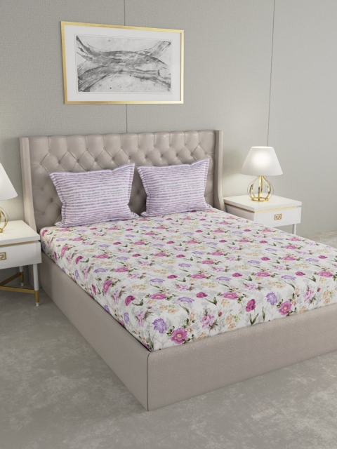 

GM White & Purple Floral 144 TC Cotton 1 King Bedsheet with 2 Pillow Covers