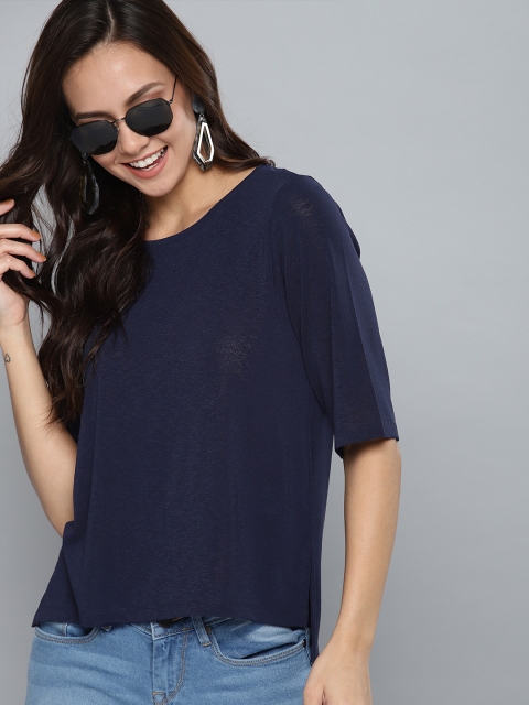 

Mast & Harbour Women Navy Blue Solid Boxy Top