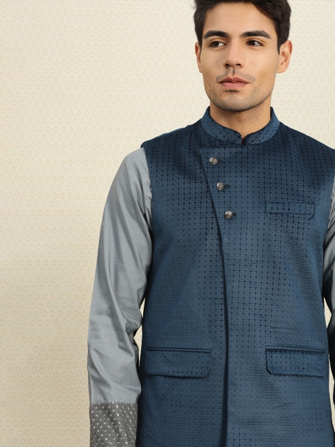 

House of Pataudi Men Teal Blue Self Design Nehru Jacket