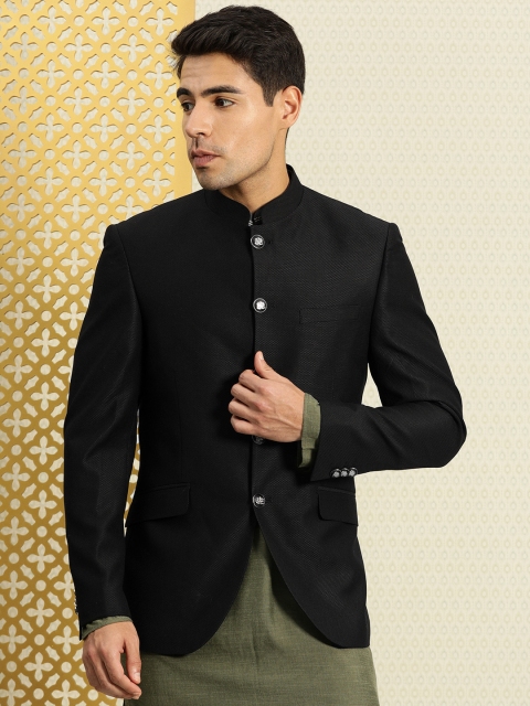 

House of Pataudi Men Black Self-Design Bandhgala Blazer