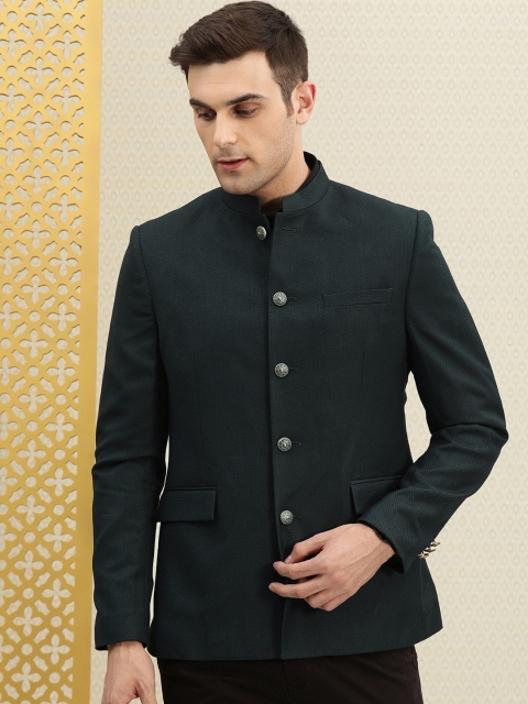 

House of Pataudi Men Green Self Design Ethnic Bandhgala