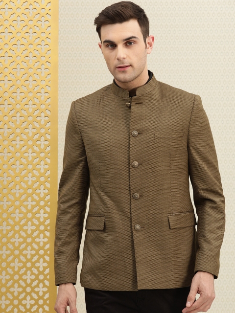

House of Pataudi Men Beige Self Design Ethnic Bandhgala