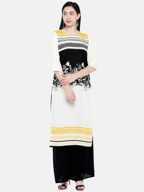 

7Threads Women White & Black Printed Straight Kurta