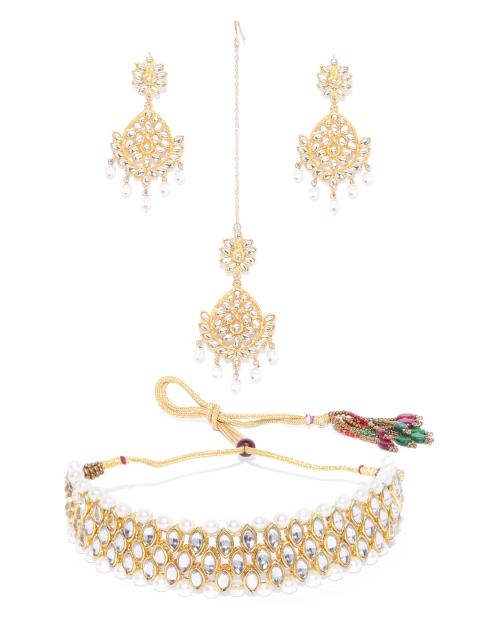 

KARATCART Off-White Gold-Plated Kundan Studded & Beaded Handcrafted Jewellery Set
