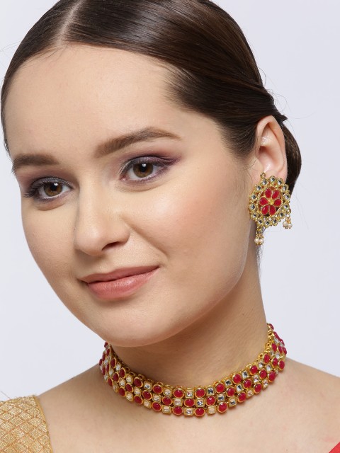 

KARATCART Red Gold-Plated Kundan Studded Handcrafted Jewellery Set