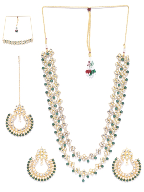 

KARATCART Green Gold-Plated Kundan Studded & Beaded Handcrafted Jewellery Set