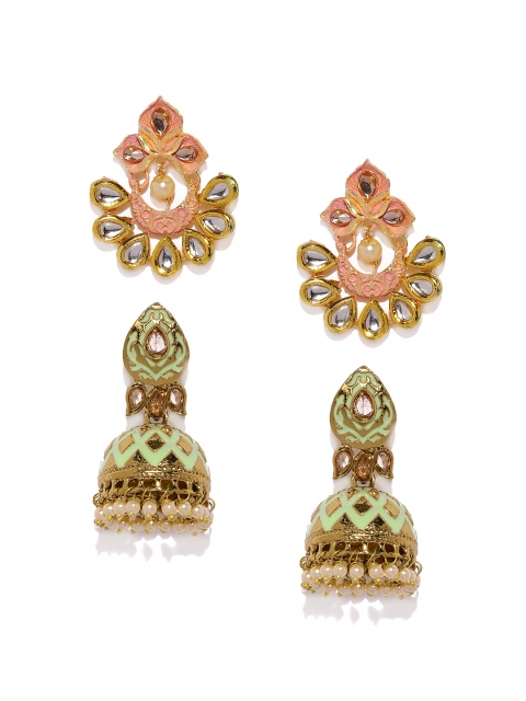 

Zaveri Pearls Set Of 2 Gold-Plated Kundan Studded Enamelled Earrings