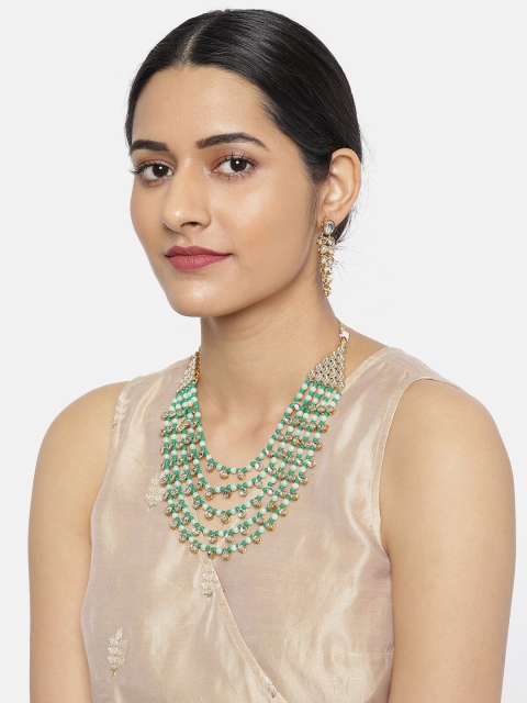 

Zaveri Pearls Gold-Toned & Green Kundan & Beads Studded Multi Layered Jewellery Set