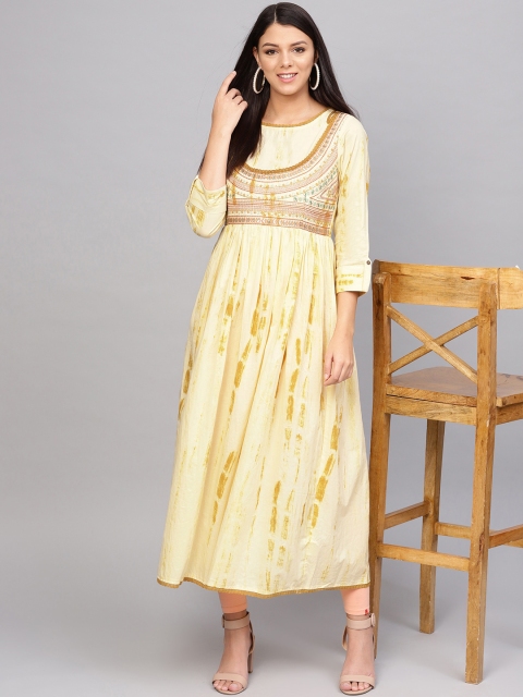

Varanga Women Cream-Coloured & Mustard Yellow Printed Empire A-Line Kurta