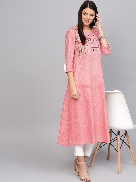 

Varanga Women Pink Handwoven Yoke Design A-Line Kurta
