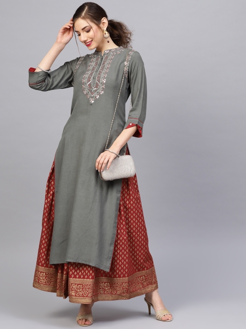 

Varanga Women Grey & Maroon Zari Yoke Design Kurta with Skirt
