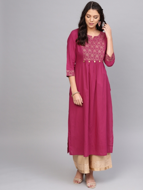 

Varanga Women Magenta & Beige Yoke Design Foil Print Kurta with Palazzos