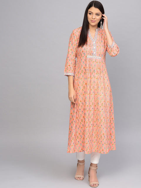 

Varanga Women Peach-Coloured & Green Floral Print A-Line Kurta
