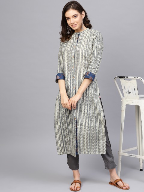 

Varanga Women Off-White & Grey Striped Kurta with Trousers