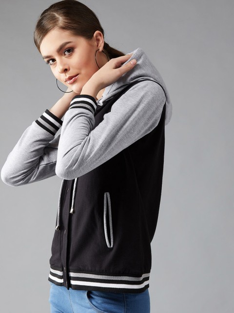 

DOLCE CRUDO Women Black & Grey Solid Bomber Hooded Jacket