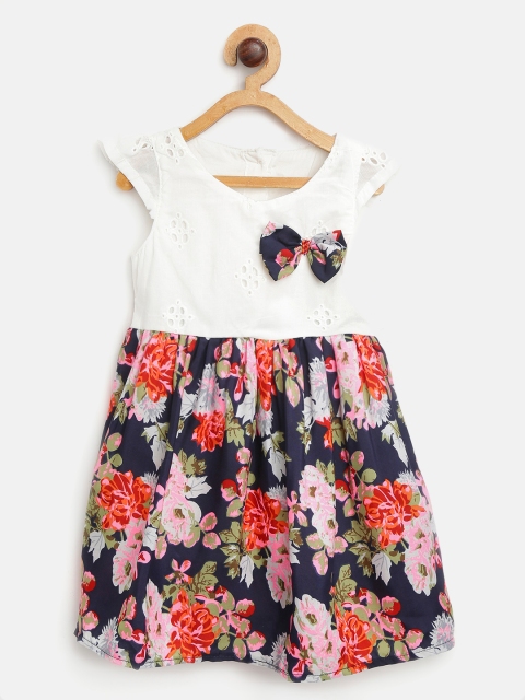 

CHUTPUT Girls Off-White & Navy Blue Printed Fit and Flare Dress