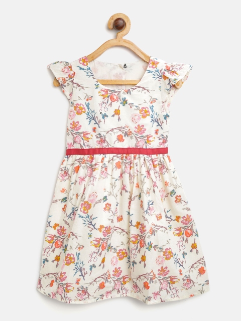 

CHUTPUT Girls Off-White & Pink Printed Fit and Flare Dress