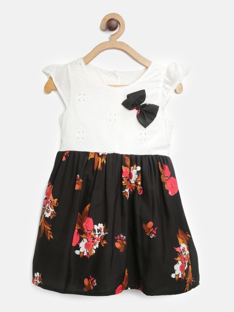 

CHUTPUT Girls White & Black Schiffli Embroidered Detail Printed Fit and Flare Dress
