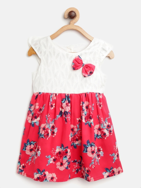

CHUTPUT Girls White & Coral Red Printed Fit and Flare Dress