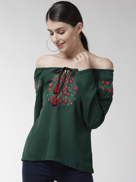 

plusS Women Green Solid Bardot Top
