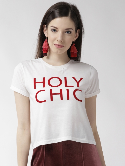 

plusS Women White & Red Printed Round Neck T-shirt