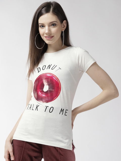 

plusS Women Off-White & Pink Printed Round Neck T-shirt