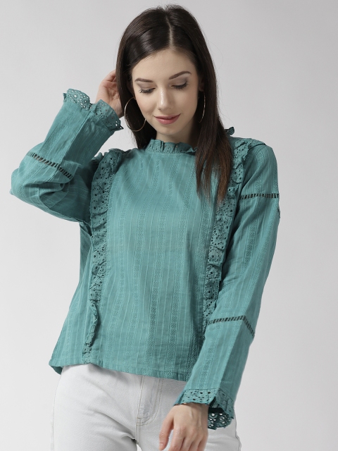 

plusS Women Blue Self-Striped Regular Pure Cotton Top