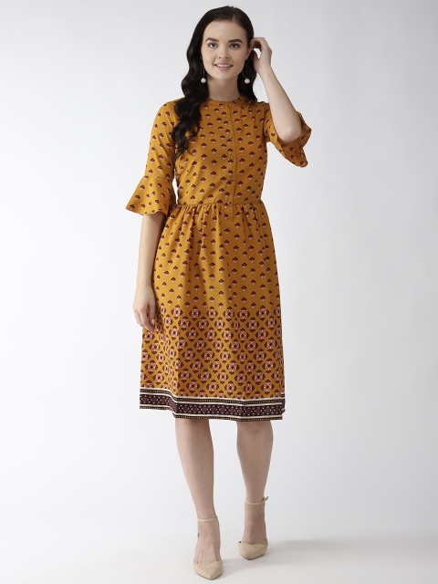 

plusS Women Mustard Yellow & Black Printed A-Line Dress