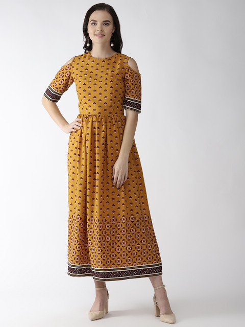 

plusS Women Mustard Yellow Printed Cold-Shoulder Maxi Dress
