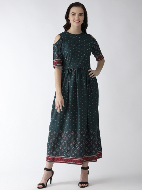 

plusS Women Green & Red Cold-Shoulder Printed Maxi Dress