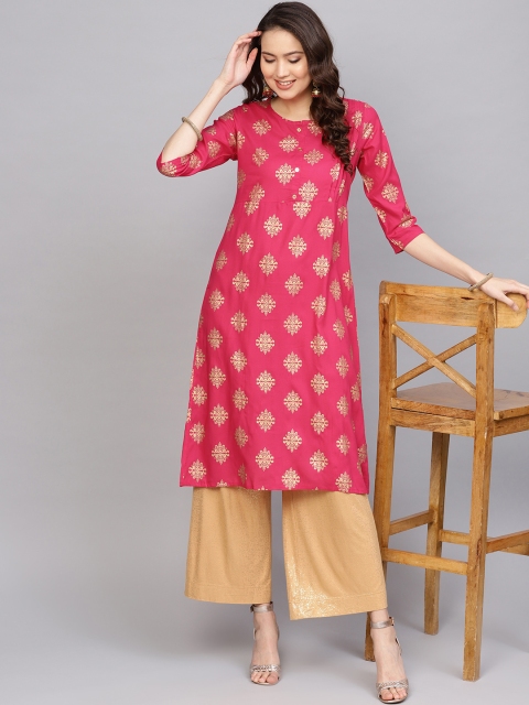 

Anubhutee Women Pink & Golden Foil Print A-Line Kurta