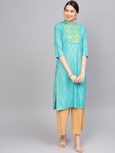 

Anubhutee Women Blue & Green Printed Straight Kurta