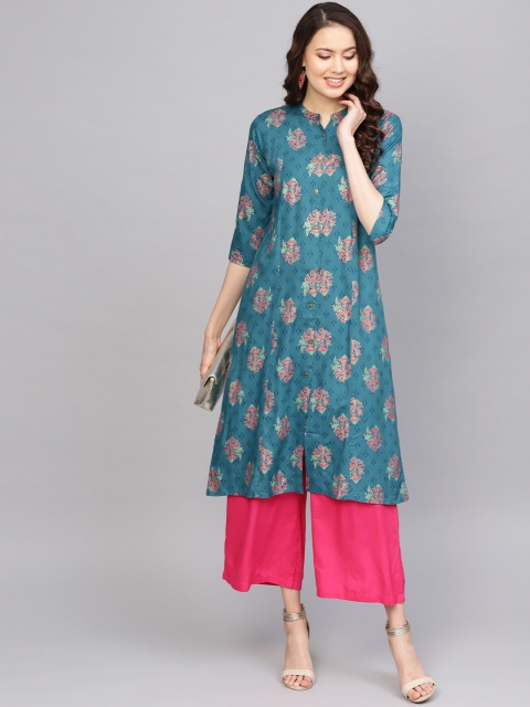 

Anubhutee Women Teal Blue & Pink Printed A-Line Kurta